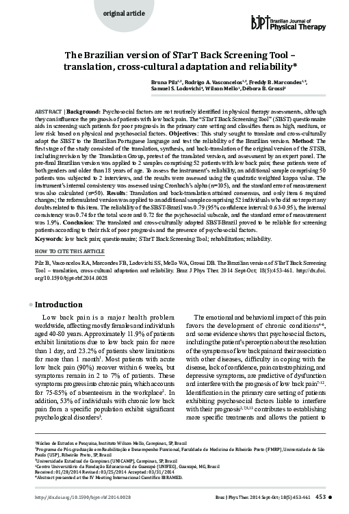 (PDF) The Brazilian version of STarT Back Screening Tool - translation ...