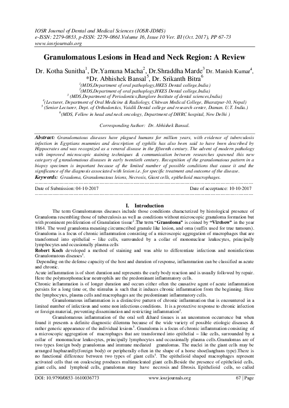 (PDF) Granulomatous Lesions in Head and Neck Region : A Review