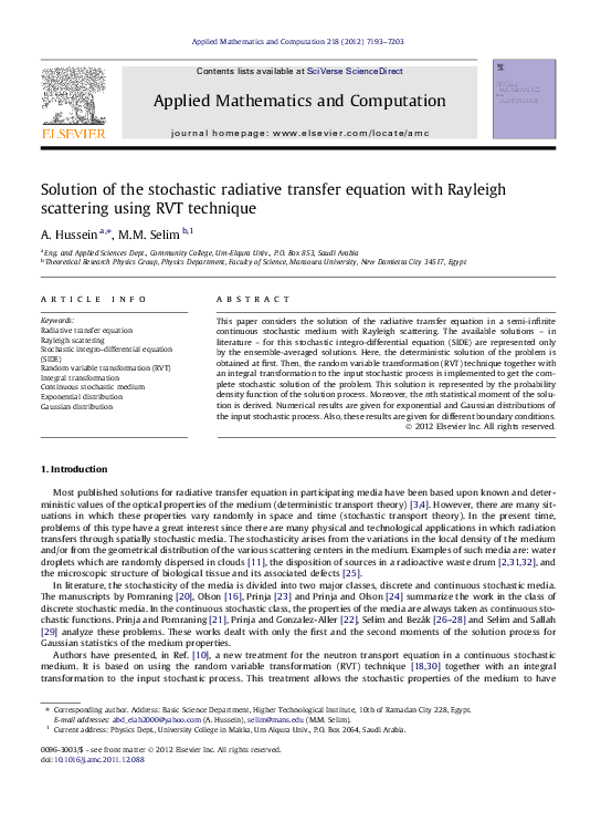 (PDF) Solution of the stochastic radiative transfer equation with ...