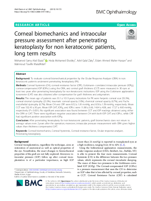 (PDF) Corneal biomechanics and intraocular pressure assessment after ...