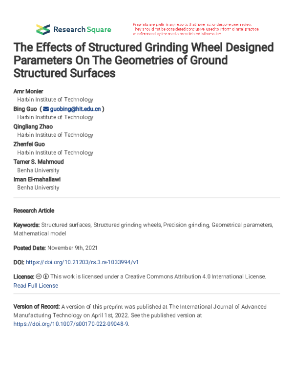 (PDF) The Effects of Structured Grinding Wheel Designed Parameters On ...