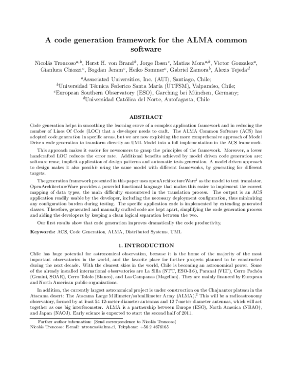 (PDF) A code generation framework for the ALMA common software | Matias ...