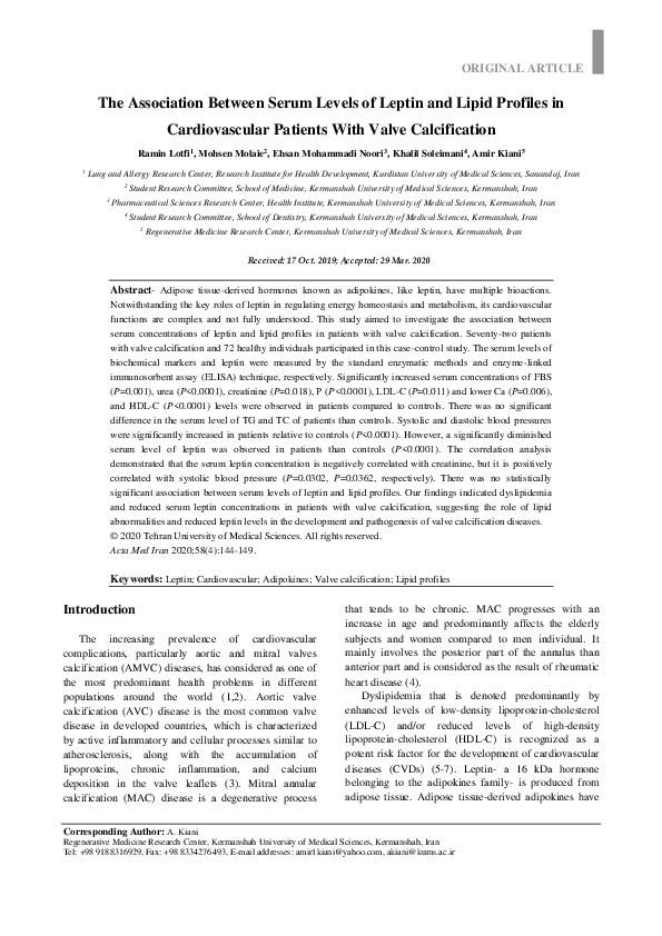 (PDF) The Association Between Serum Levels of Leptin and Lipid Profiles ...