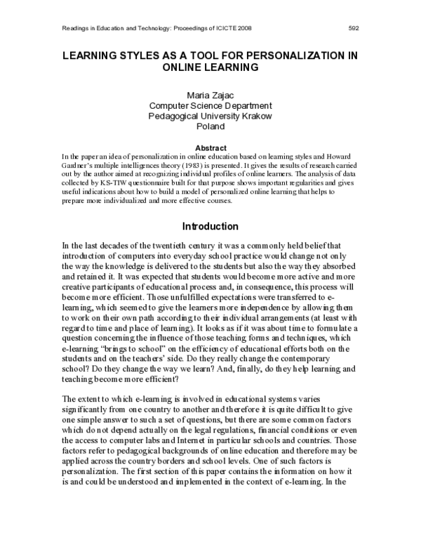 (PDF) Learning Styles as a Tool for Personalization in Online Learning