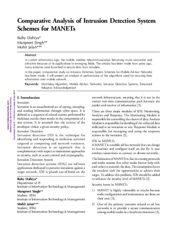(PDF) Comparative Analysis of Intrusion Detection System Schemes for MANETs