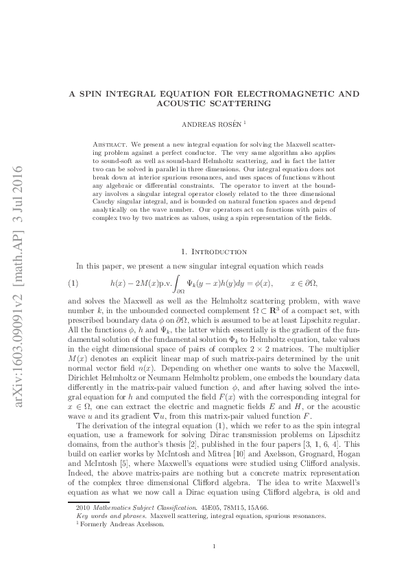 (PDF) A spin integral equation for electromagnetic and acoustic scattering