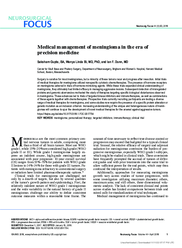 (PDF) Medical management of meningioma in the era of precision medicine