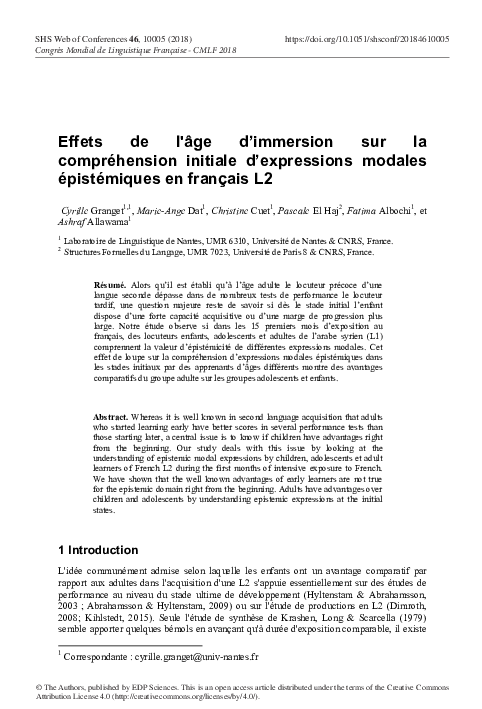 (PDF) Effets de l'âge d’immersion sur la compréhension initiale d ...