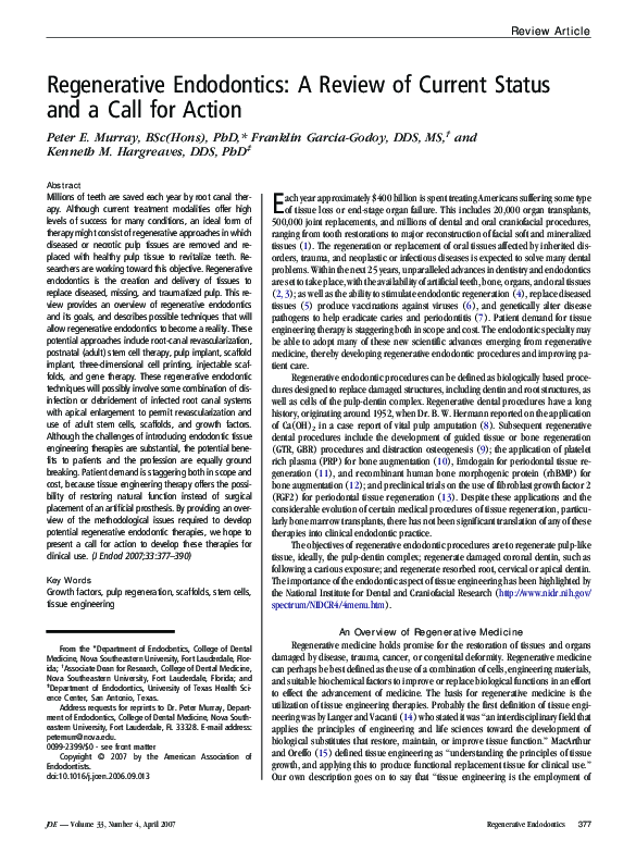 (PDF) Regenerative endodontics a review of current status and a call