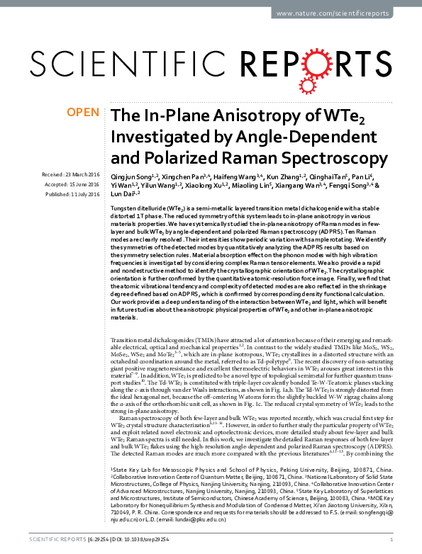 (PDF) The In-Plane Anisotropy of WTe2 Investigated by Angle-Dependent ...