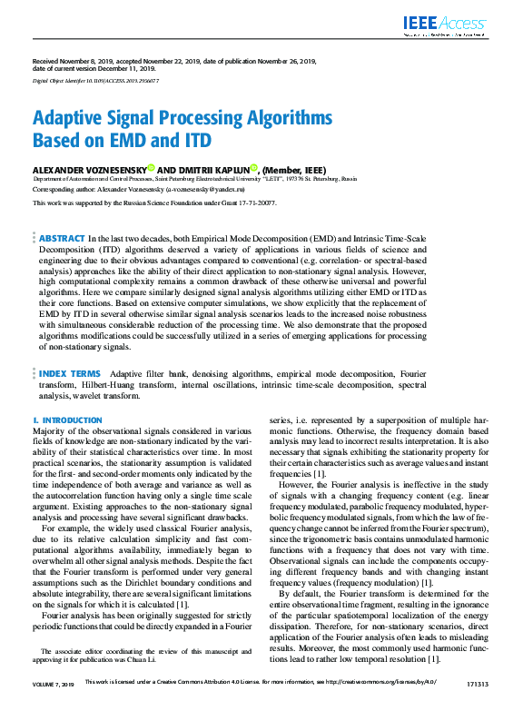 (PDF) Adaptive Signal Processing Algorithms Based on EMD and ITD