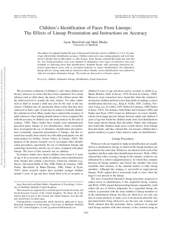 (PDF) Children's identification of faces from lineups: The effects of ...