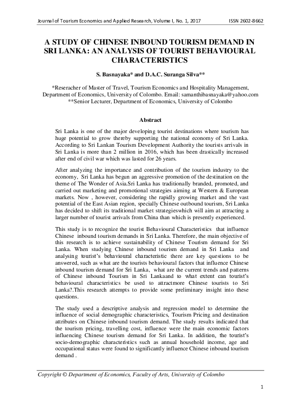 (PDF) A Study of Chinese Inbound Tourism Demand in Sri Lanka: An ...
