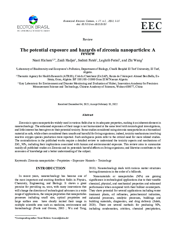(PDF) The potential exposure and hazards of zirconia nanoparticles A review nasri hichem