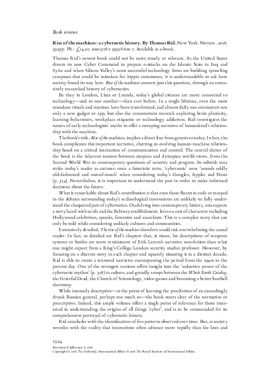 (PDF) Rise of the machines: a cybernetic history. By Thomas Rid