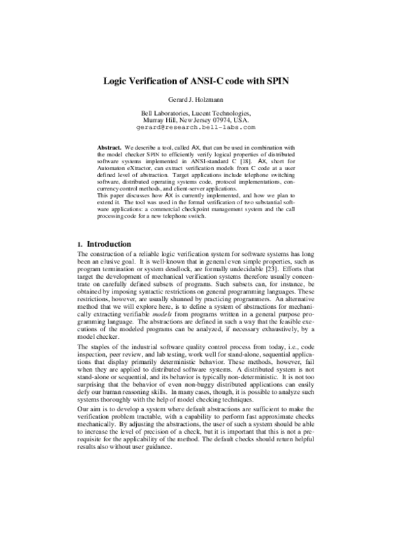 (PDF) Logic Verification of ANSI-C Code with SPIN