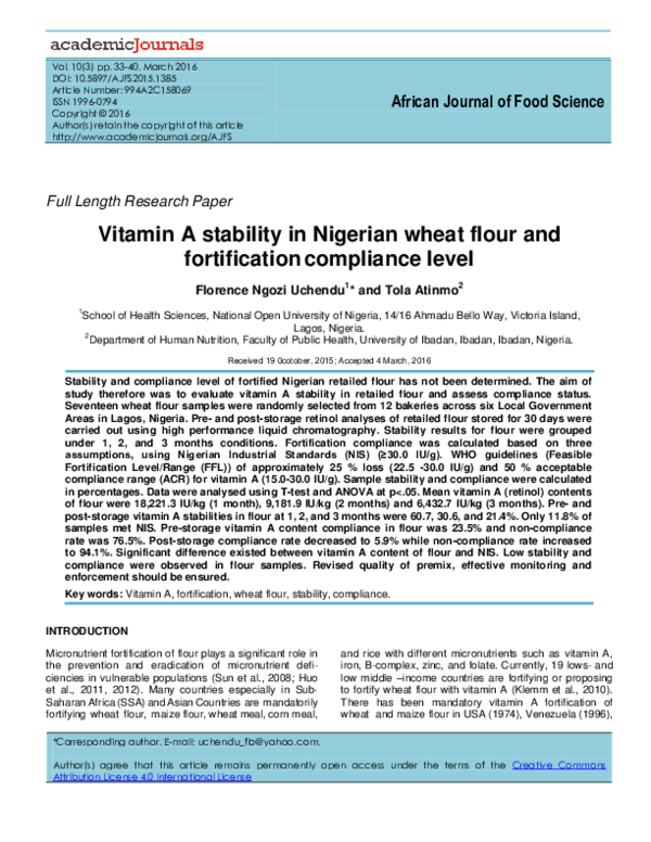 (PDF) Vitamin A stability in Nigerian wheat flour and fortification ...