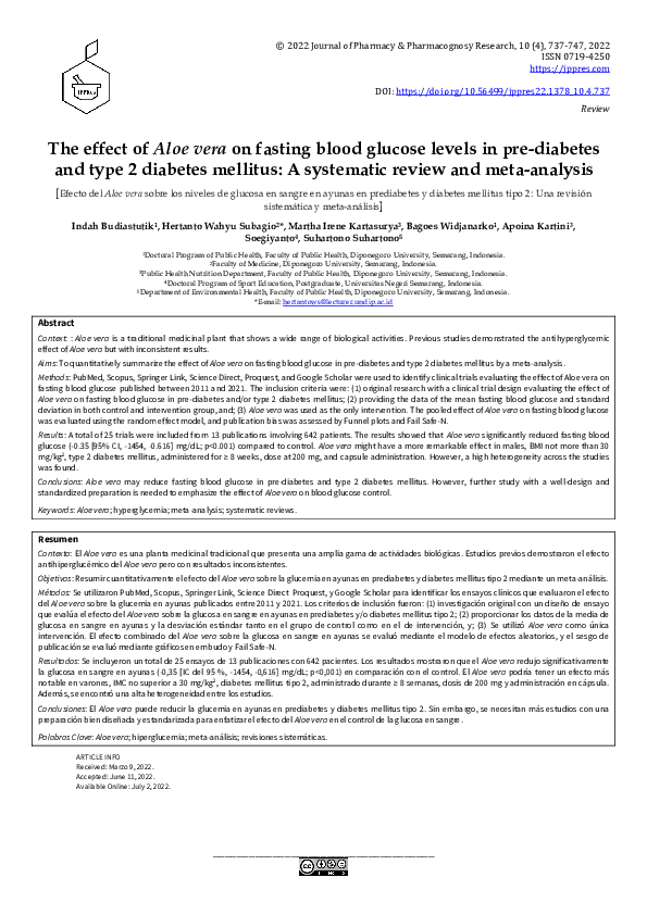 (PDF) The effect of Aloe vera on fasting blood glucose levels in pre ...