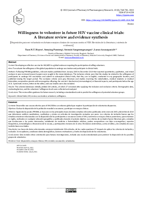 (PDF) Willingness to volunteer in future HIV vaccine clinical trials: A ...