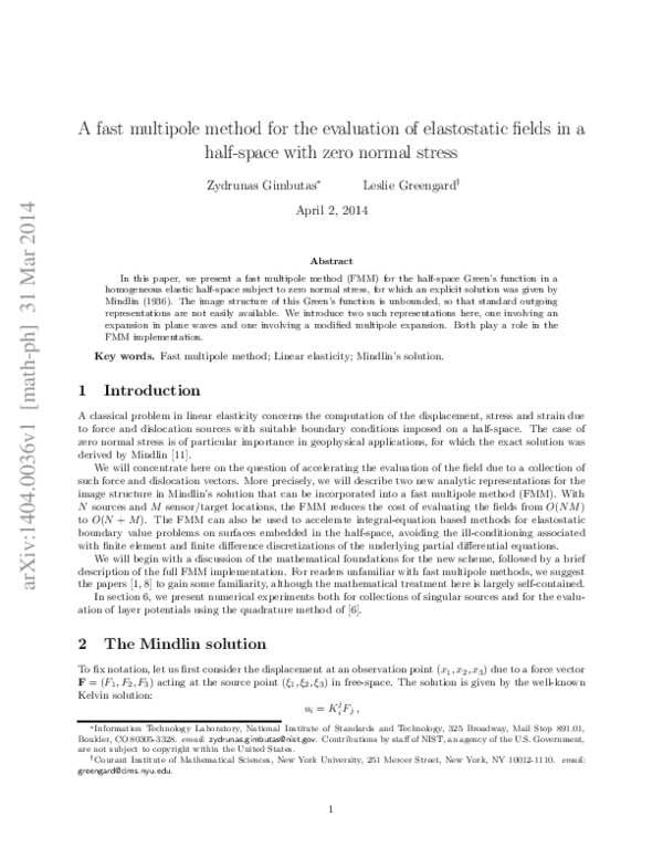 (PDF) A fast multipole method for the evaluation of elastostatic fields ...