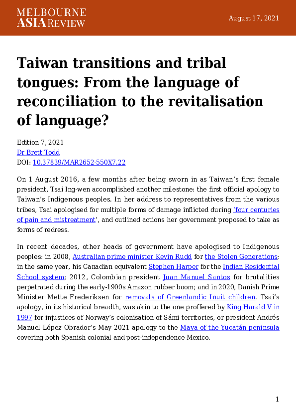 (PDF) Taiwan transitions and tribal tongues: From the language of ...
