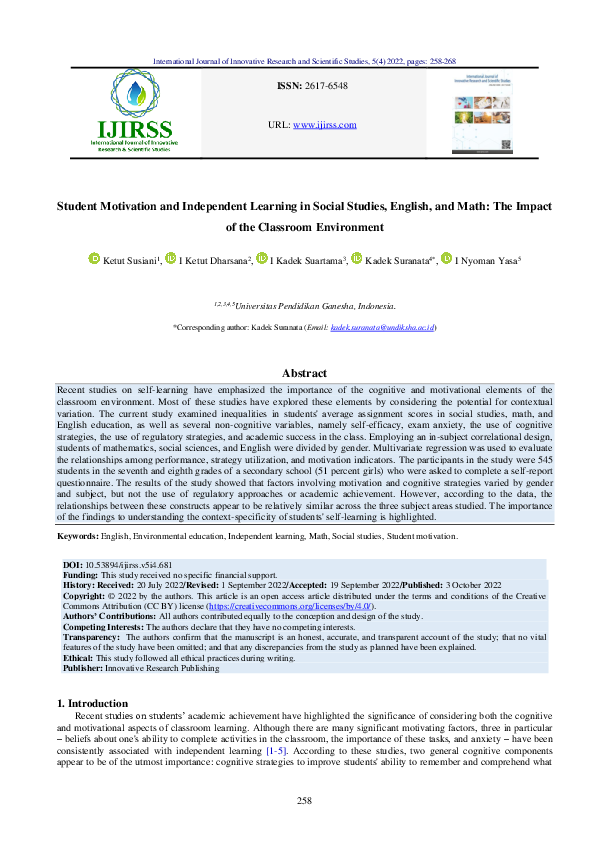 (PDF) Student Motivation and Independent Learning in Social Studies ...