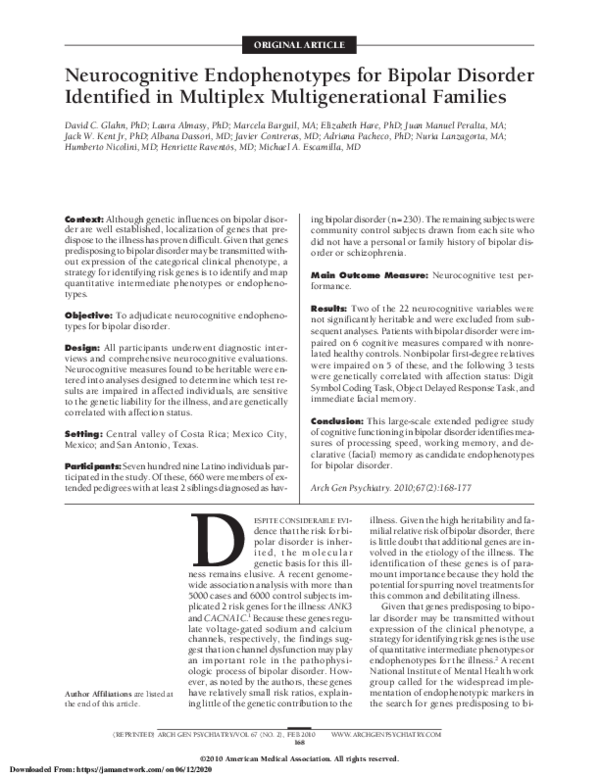 (PDF) Neurocognitive Endophenotypes for Bipolar Disorder Identified in ...
