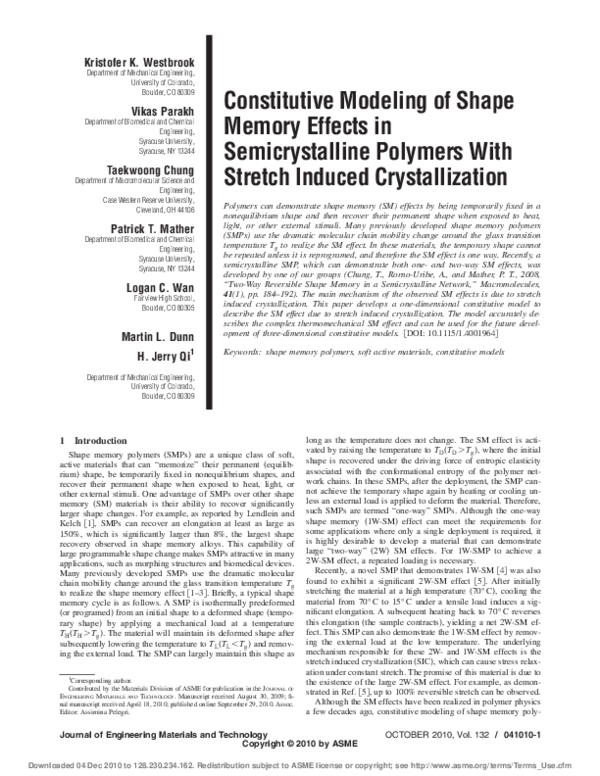 (PDF) Constitutive Modeling of Shape Memory Effects in Semicrystalline ...