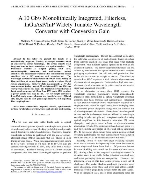 (PDF) A 10-Gb/s Monolithically Integrated Filterless InGaAsP/InP Widely ...
