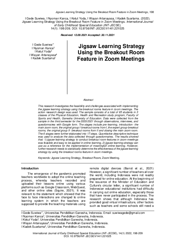 (PDF) Jigsaw Learning Strategy Using the Breakout Room Feature in Zoom ...
