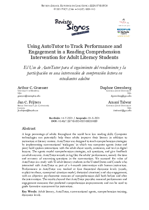 (PDF) Using AutoTutor to Track Performance and Engagement in a Reading ...