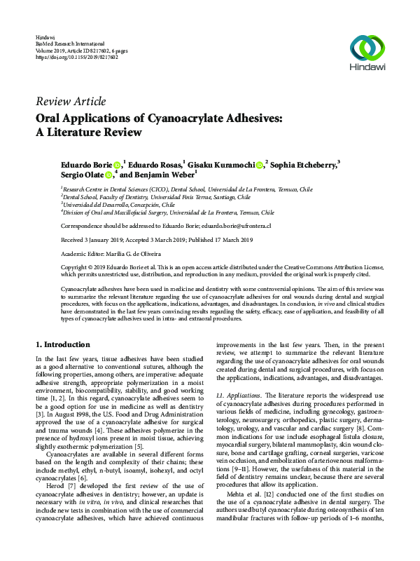 (PDF) Oral Applications of Cyanoacrylate Adhesives A Literature Review