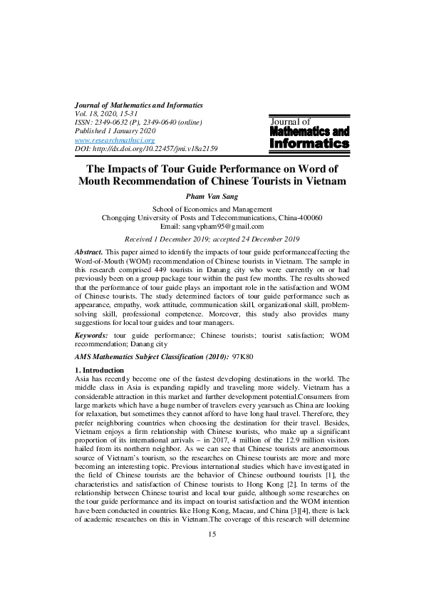 (PDF) The Impacts of Tour Guide Performance on Word of Mouth ...