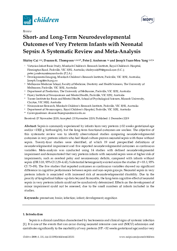 (PDF) Short- and Long-Term Neurodevelopmental Outcomes of Very Preterm ...