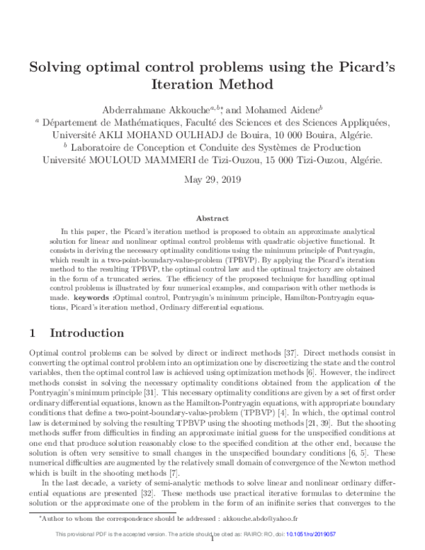 (PDF) Solving optimal control problems using the Picard's Iteration Method