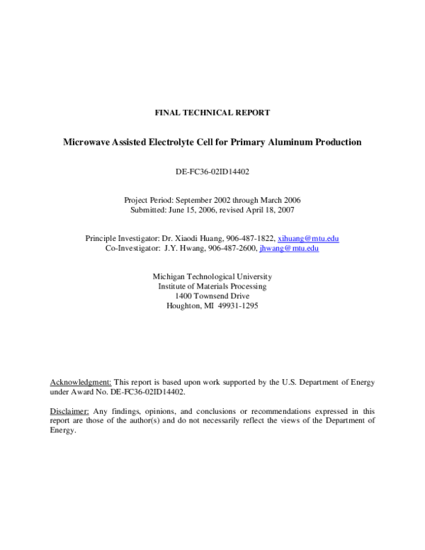 (PDF) Final Technical Report Microwave Assisted Electrolyte Cell for ...