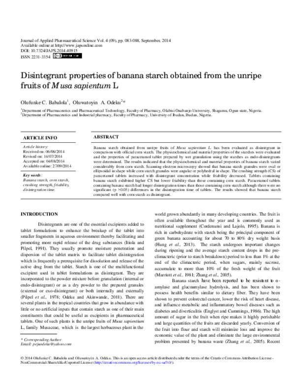 (PDF) Disintegrant properties of banana starch obtained from the unripe ...