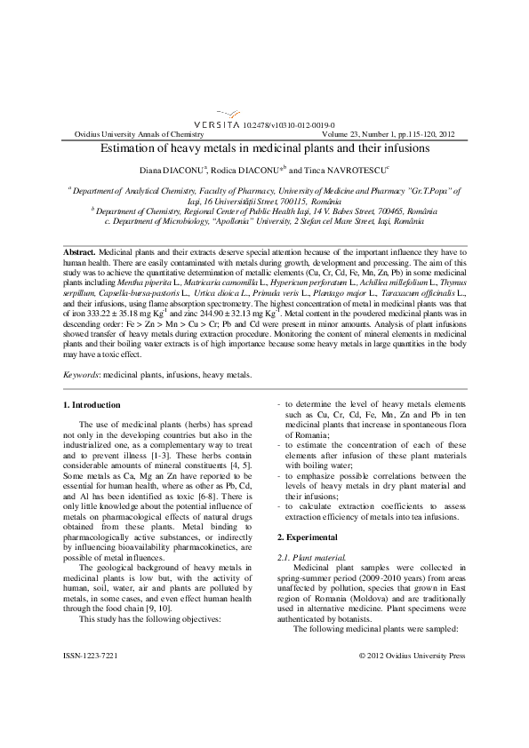 (PDF) Estimation of heavy metals in medicinal plants and their infusions