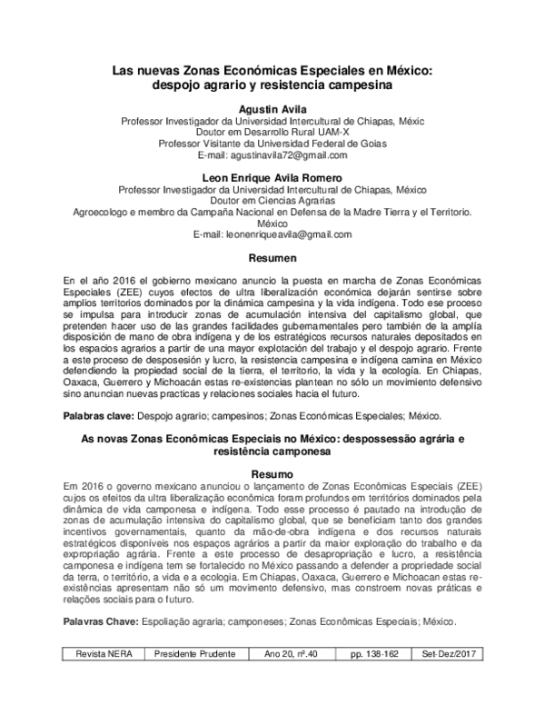 (PDF) LAS NUEVAS ZONAS ECONÓMICAS ESPECIALES EN MÉXICO: DESPOJO AGRARIO ...
