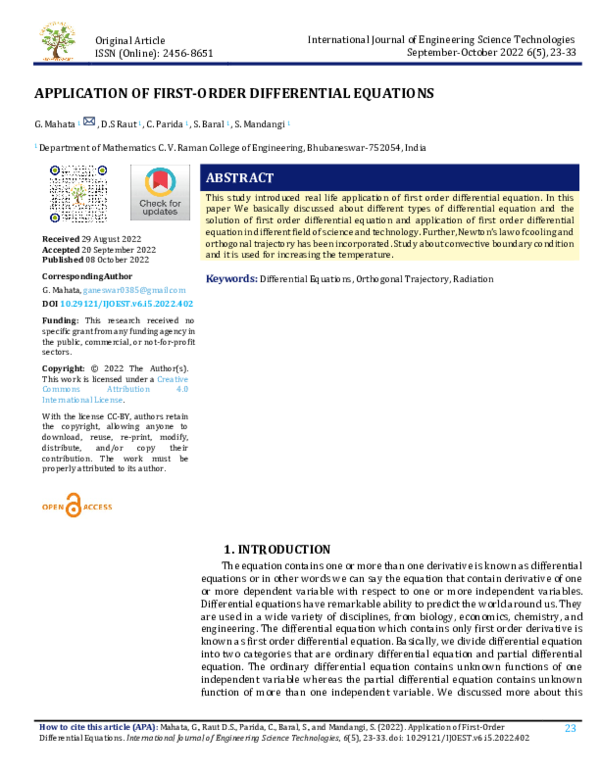 Pdf Application Of First Order Differential Equations Pdf Application Of First Order Differential Equations