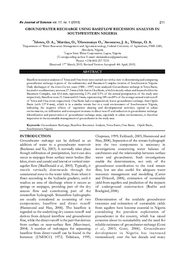 (PDF) Groundwater recharge using baseflow recession analysis in ...