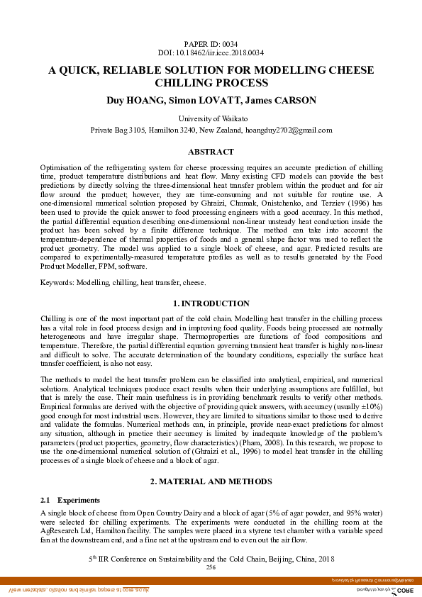 (PDF) A quick, reliable solution for modelling cheese chilling process