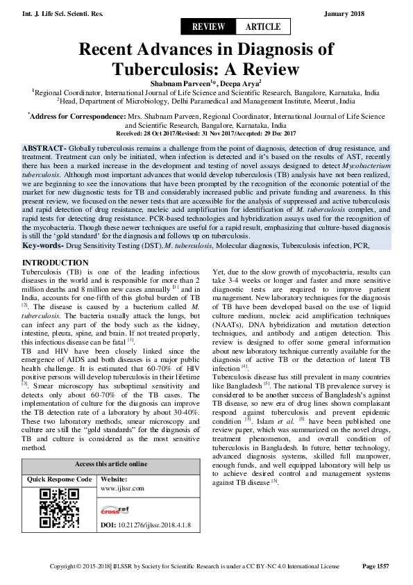 (PDF) Recent Advances in Diagnosis of Tuberculosis: A Review