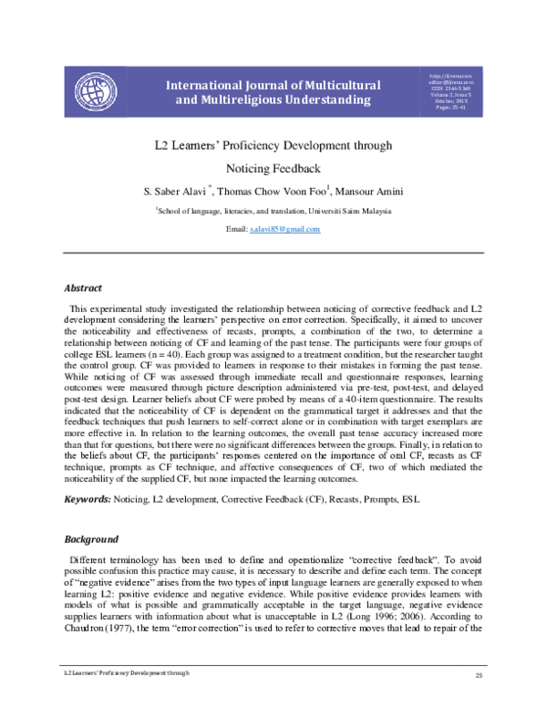 (PDF) L2 Learners’ Proficiency Development through Noticing Feedback