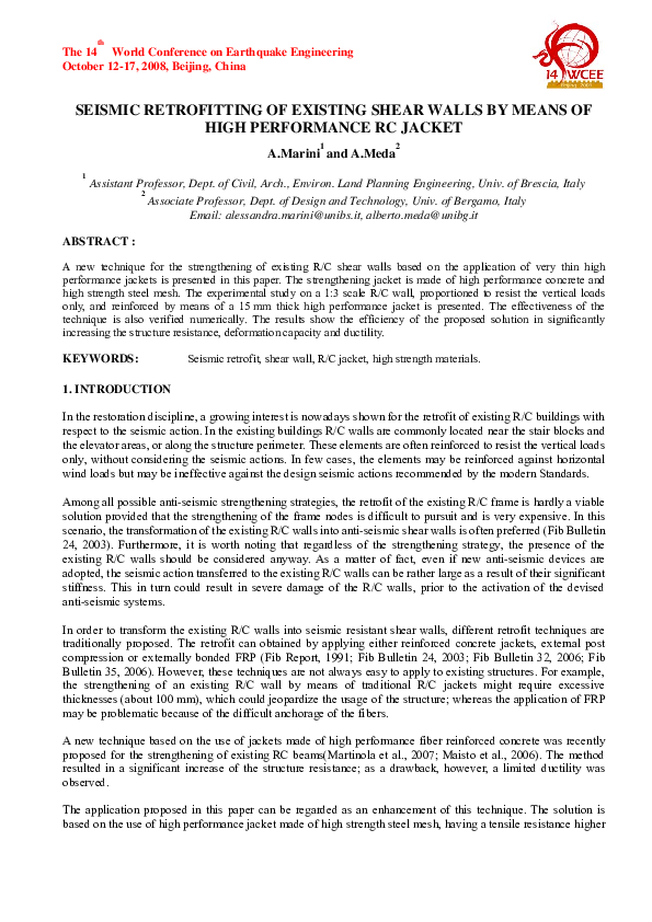 (PDF) Seismic Retrofitting of Existing Shear Walls by Means of High ...
