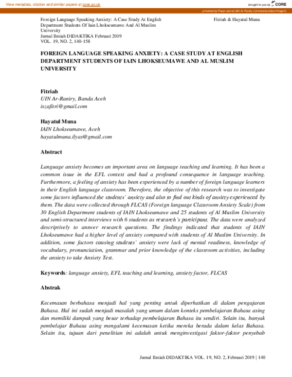 (PDF) Foreign Language Speaking Anxiety: A Case Study at English ...