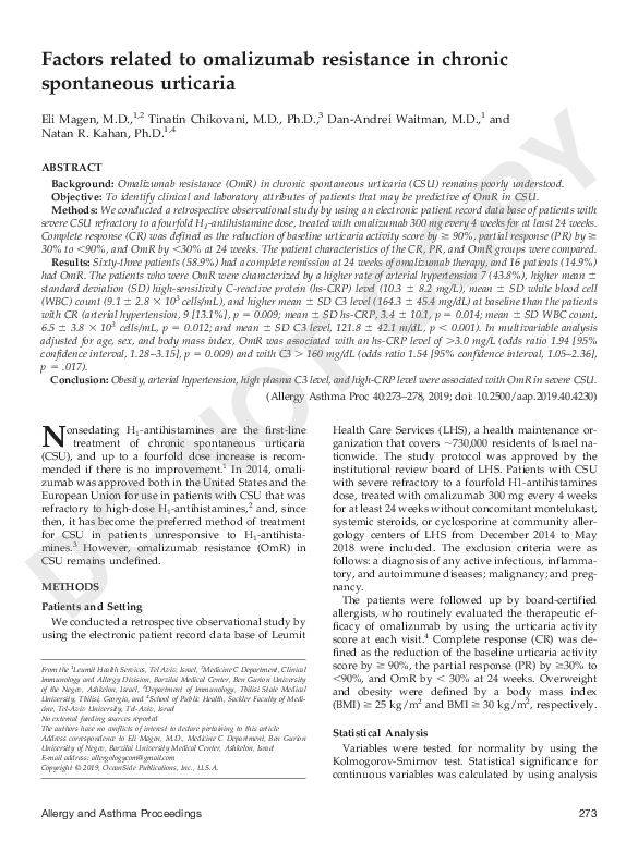 (PDF) Factors related to omalizumab resistance in chronic spontaneous ...