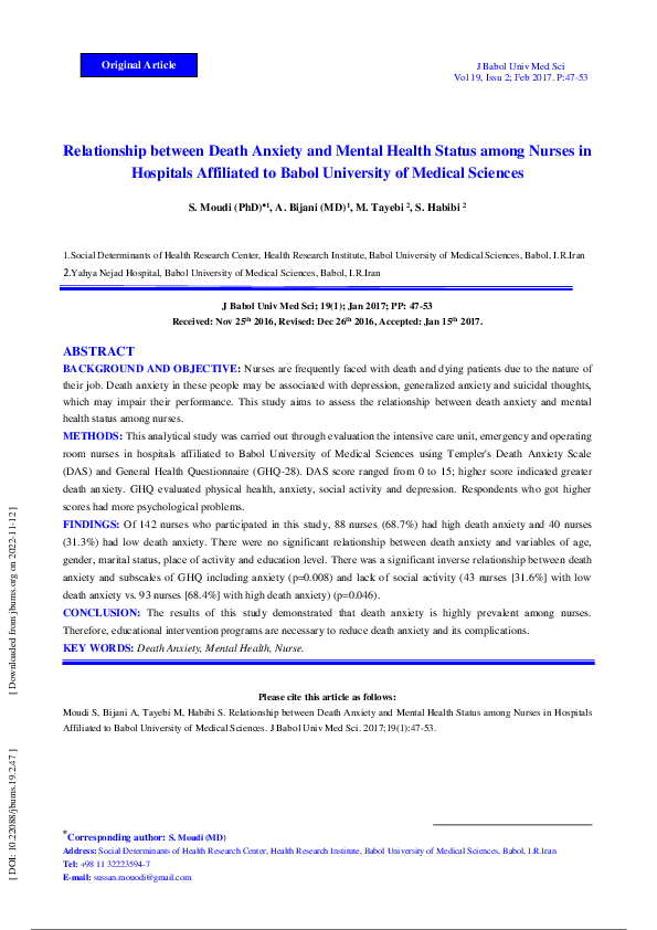 (PDF) Relationship between Death Anxiety and Mental Health Status among ...