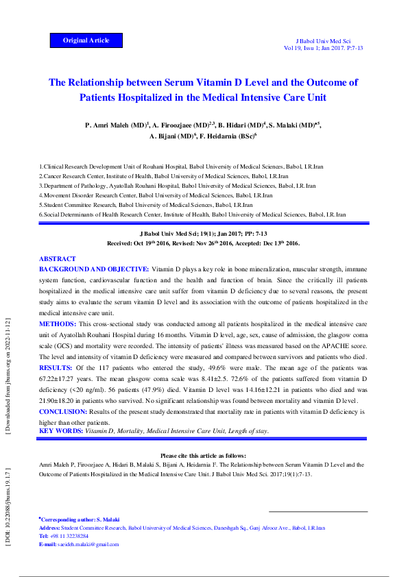 (PDF) The Relationship between Serum Vitamin D Level and the Outcome of ...