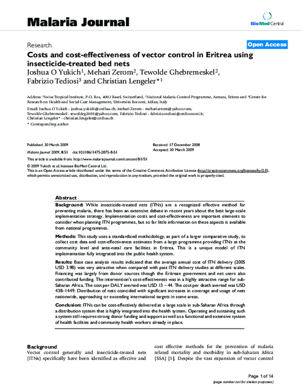 (PDF) Costs and costeffectiveness of vector control in Eritrea using